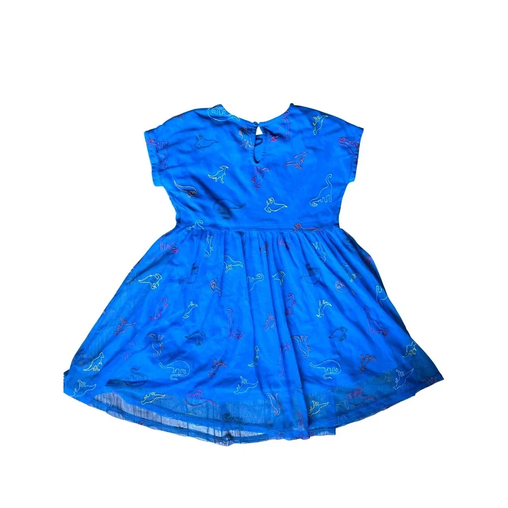 Hanna Andersson Girls Blue Embroidered Dinosaur Mesh Dress Size 10‎ 140cm